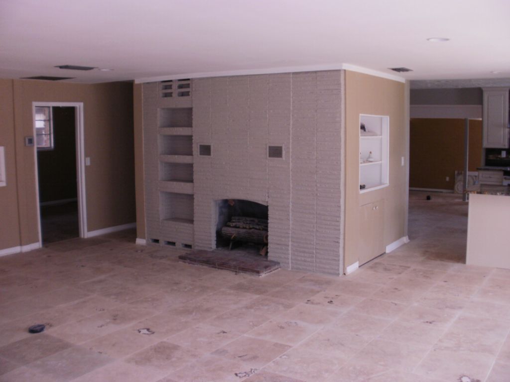 painted brick fireplace, living room